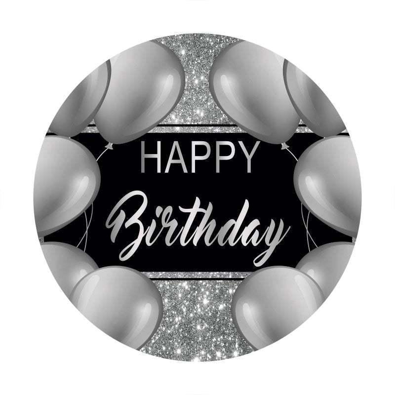 Aperturee - Glitter Silver Balloon Happy Birthday Round Backdrop