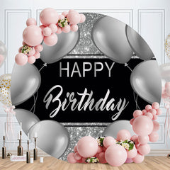Aperturee - Glitter Silver Balloon Happy Birthday Round Backdrop