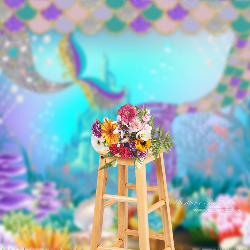 Aperturee - Glitter Undersea Castle Mermaid Summer Backdrop