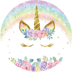 Aperturee - Glitter Unicorn Rainbow Floral Circle Birthday Backdrop