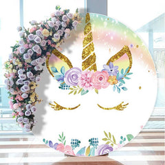 Aperturee - Glitter Unicorn Rainbow Floral Circle Birthday Backdrop