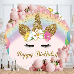 Aperturee - Glitter Unicorn Rainbow Round Happy Birthday Backdrop