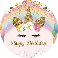 Aperturee - Glitter Unicorn Rainbow Round Happy Birthday Backdrop