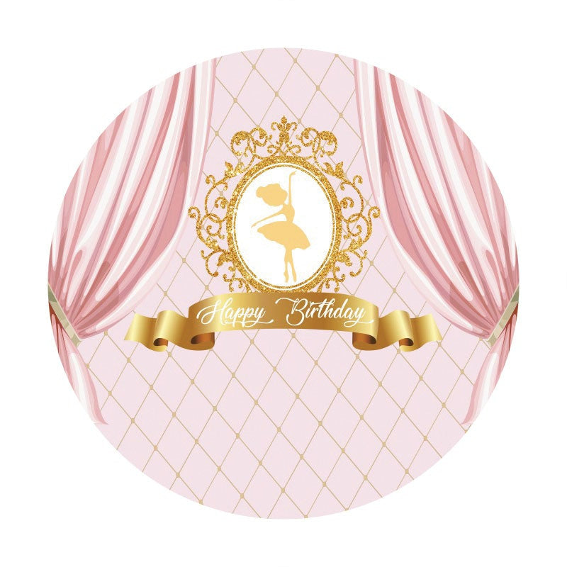 Aperturee - Gold Dance Girl Pink Happy Birthday Round Backdrops