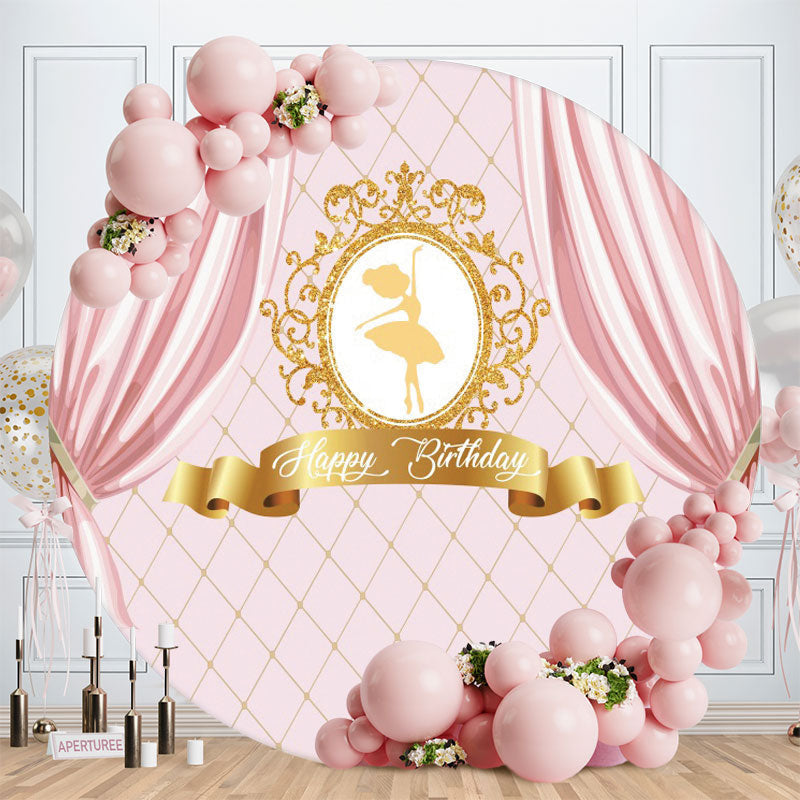 Aperturee - Gold Dance Girl Pink Happy Birthday Round Backdrops