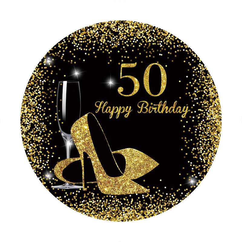 Aperturee - Gold Glitter 50th Round Black Birthday Backdrop