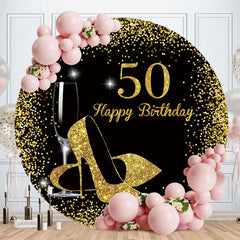 Aperturee - Gold Glitter 50th Round Black Birthday Backdrop