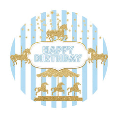 Aperturee - Gold Glitter Carousel Blue Round Birthday Backdrop