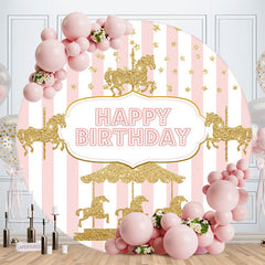 Aperturee - Gold Glitter Carousel Pink Round Birthday Backdrop