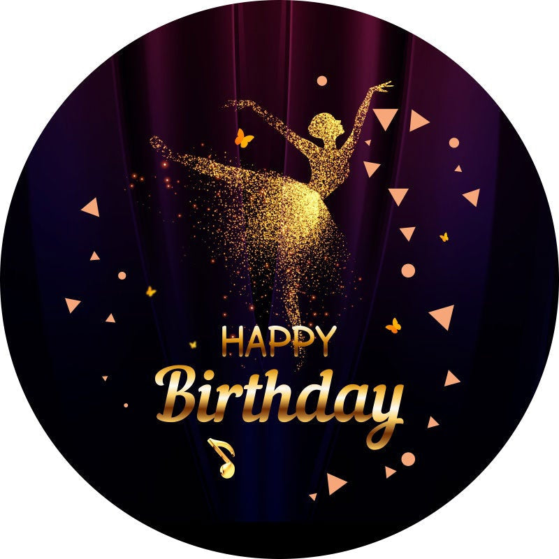 Aperturee - Gold Glitter Dancer Round Girls Happy Birthday Backdrop