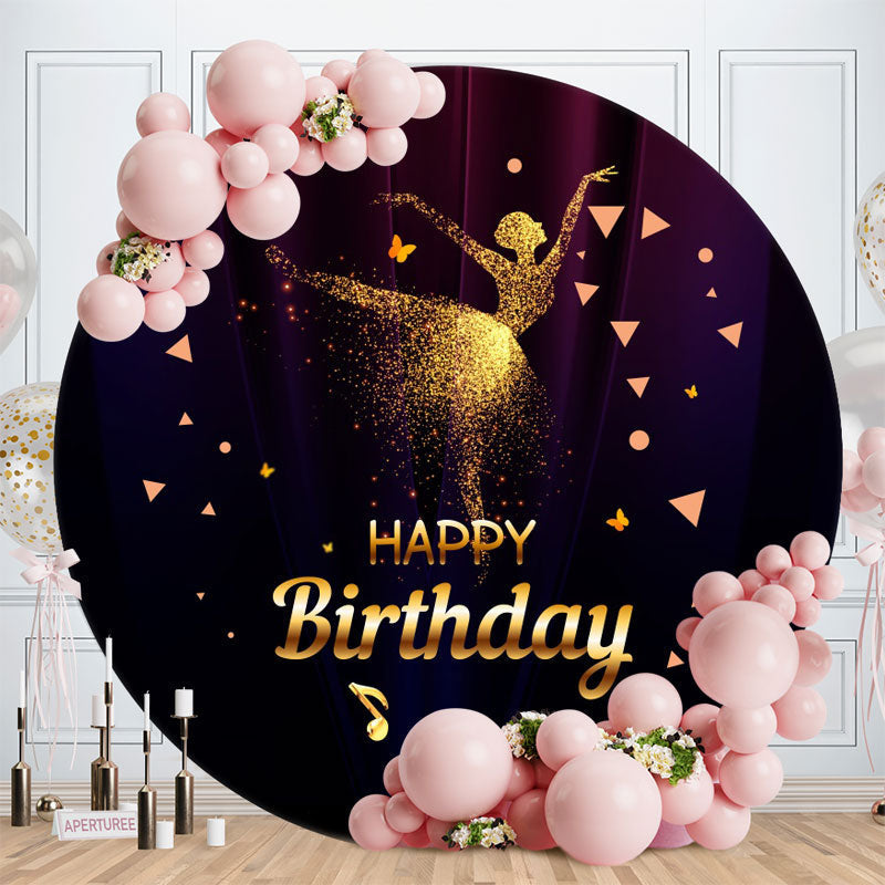 Aperturee - Gold Glitter Dancer Round Girls Happy Birthday Backdrop