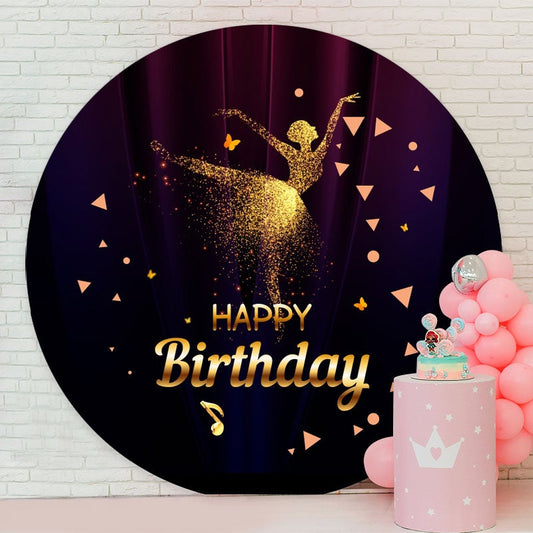 Aperturee - Gold Glitter Dancer Round Girls Happy Birthday Backdrop