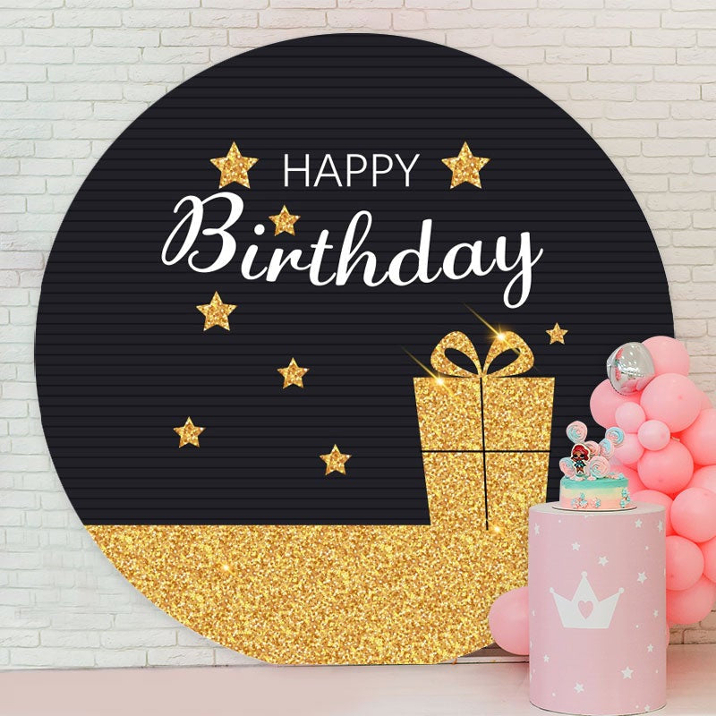 Aperturee - Gold Glitter Gift Round Black Happy Birthday Backdrop