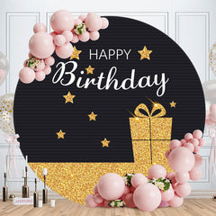 Aperturee - Gold Glitter Gift Round Black Happy Birthday Backdrop