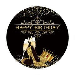 Aperturee - Gold Glitter Heels Black Round Happy Birthday Backdrop