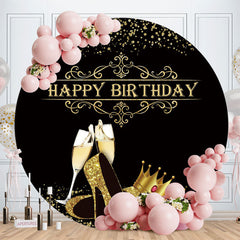 Aperturee - Gold Glitter Heels Black Round Happy Birthday Backdrop