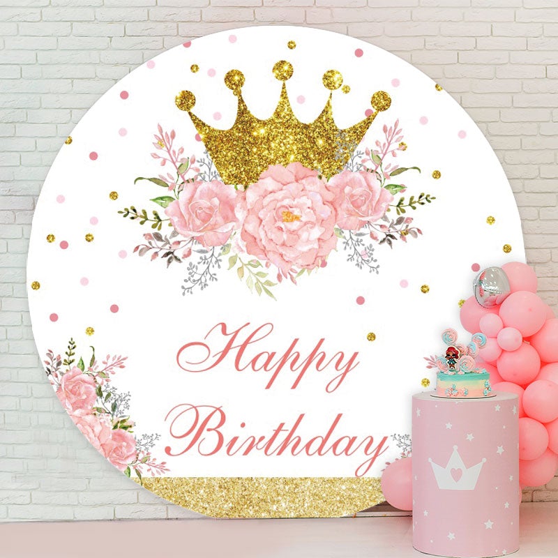 Aperturee - Gold Glitter Pink Flower Round Happy Birthday Backdrop