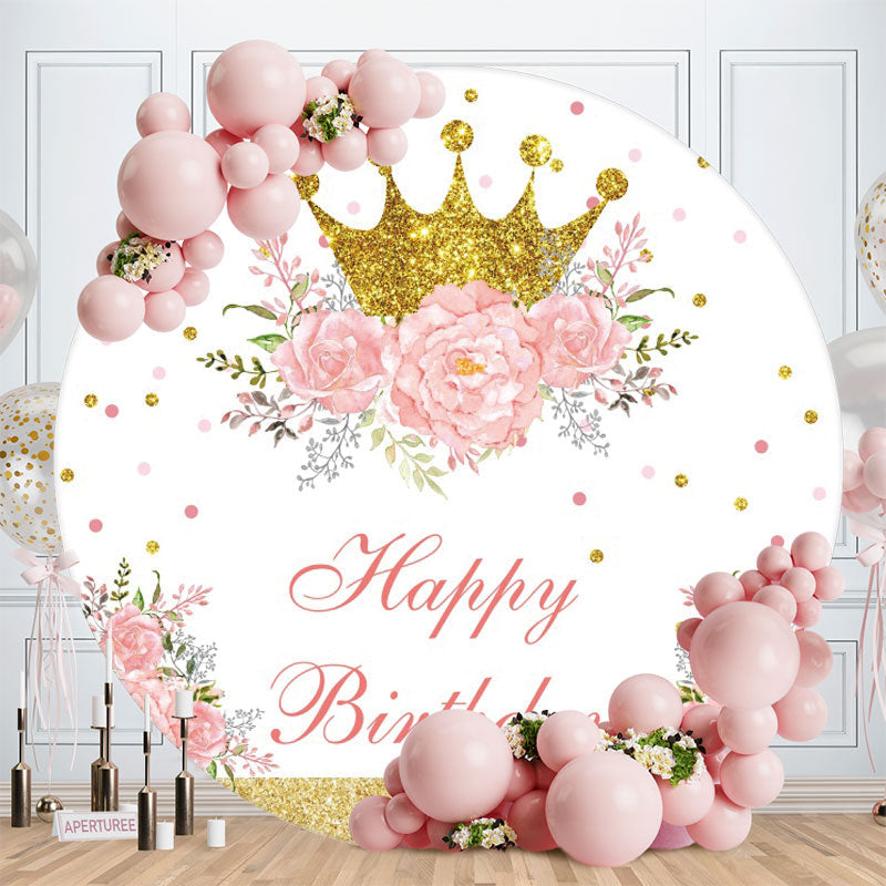 Aperturee - Gold Glitter Pink Flower Round Happy Birthday Backdrop