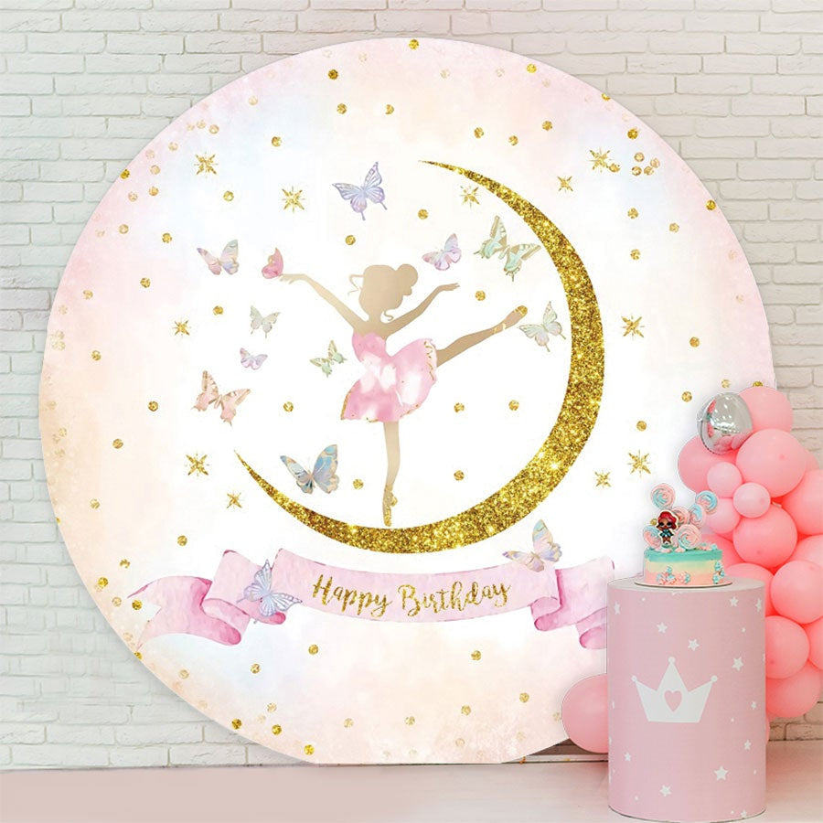 Aperturee - Gold Glitter Pink Girl Round Birthday Backdrop