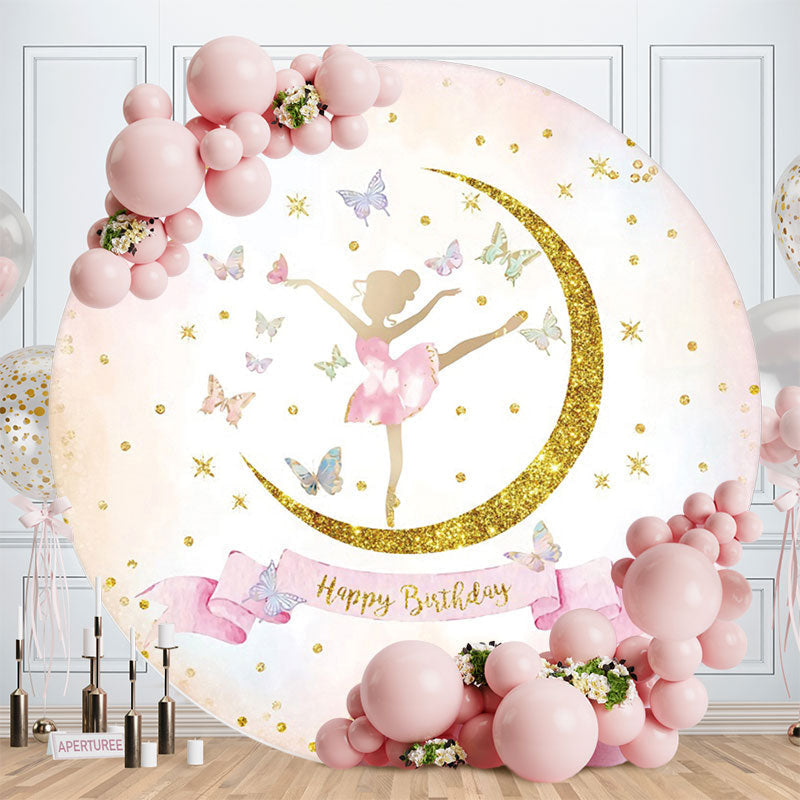 Aperturee - Gold Glitter Pink Girl Round Birthday Backdrop