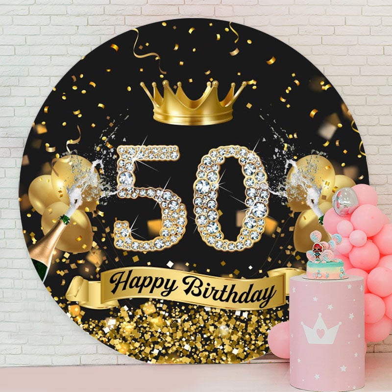 Aperturee - Gold Glitter Round Black 50th Birthday Backdrop
