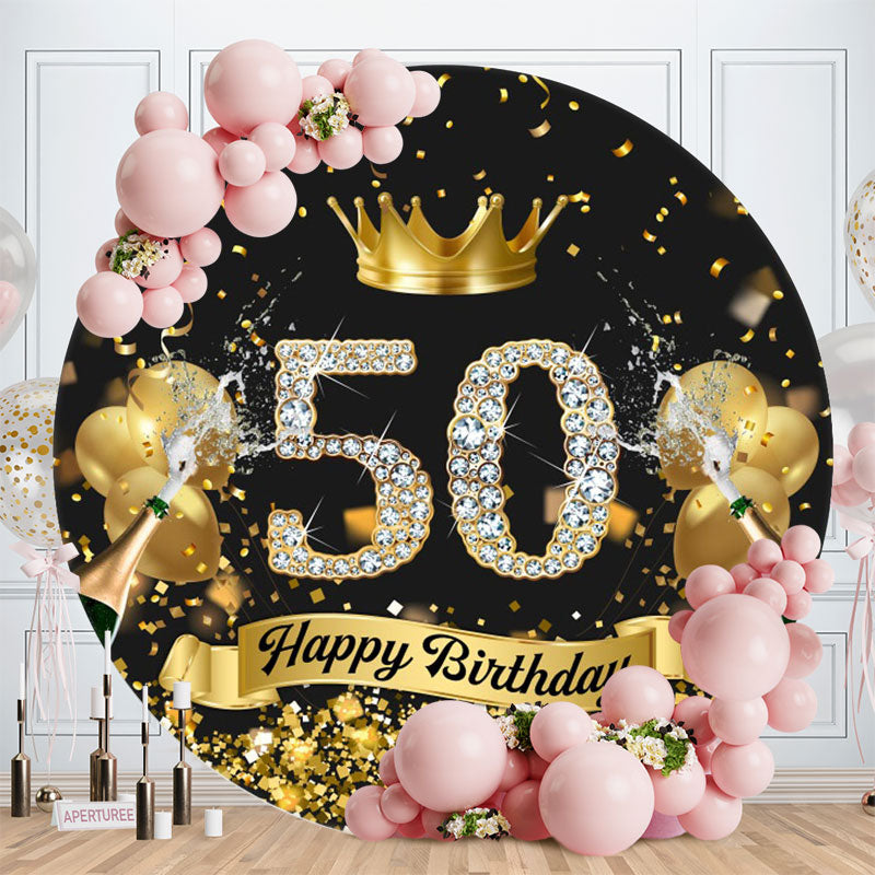 Aperturee - Gold Glitter Round Black 50th Birthday Backdrop