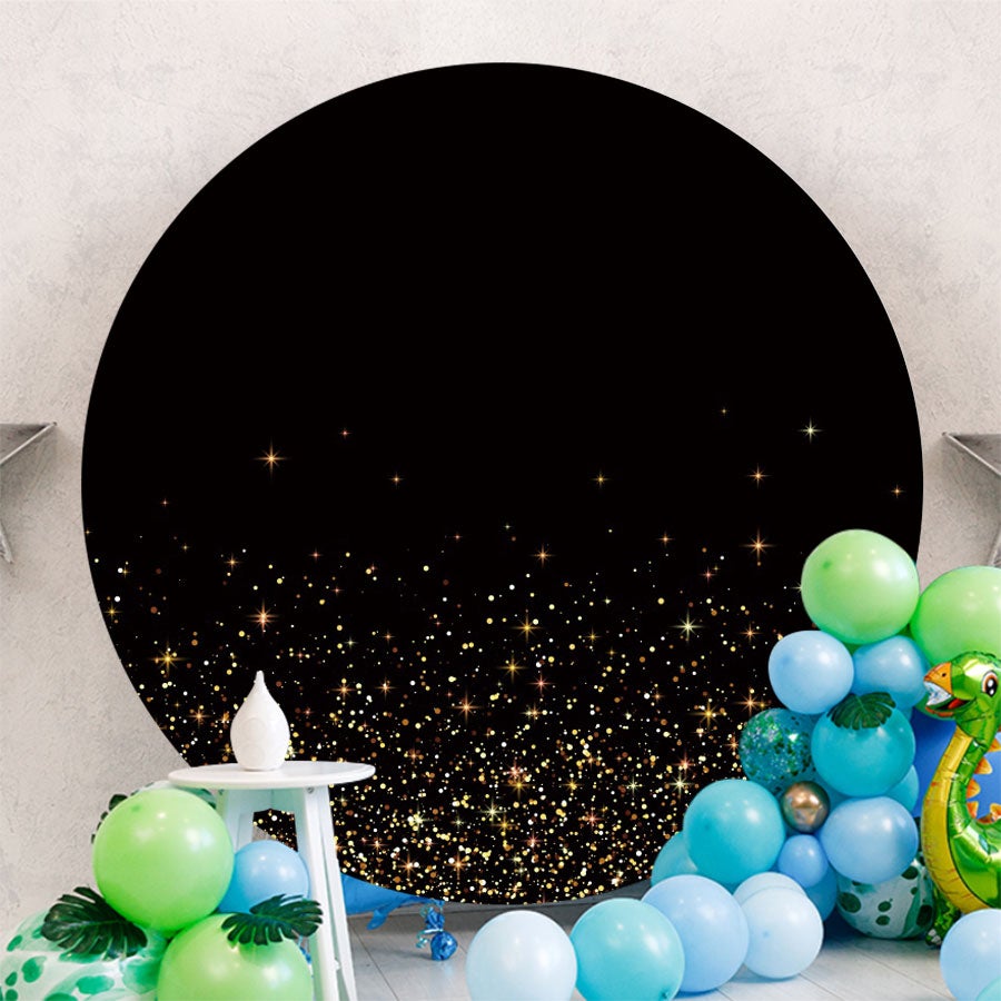 Aperturee - Gold Glitter Round Black Birthday Party Backdrop