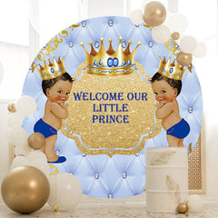 Aperturee - Gold Glitter Round Blue Prince Baby Shower Backdrop