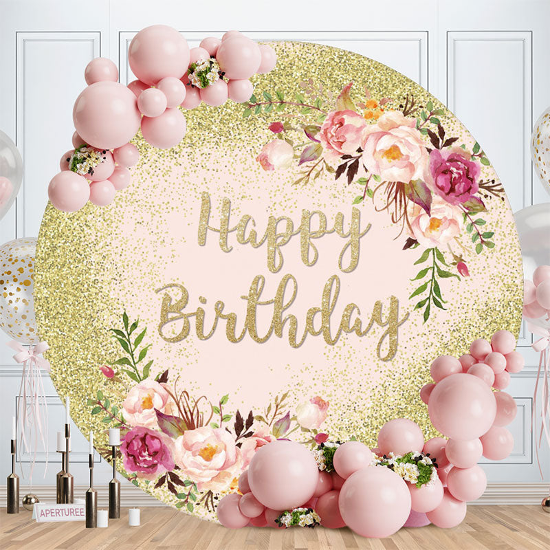 Aperturee - Gold Glitter Round Pink Floral Birthday Backdrop