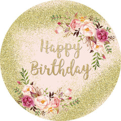 Aperturee - Gold Glitter Round Pink Floral Birthday Backdrop