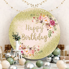 Aperturee - Gold Glitter Round Pink Floral Birthday Backdrop