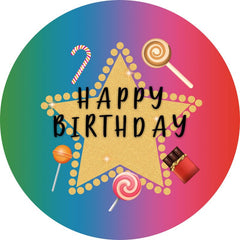 Aperturee - Gold Glitter Star Round Happy Birthday Backdrop