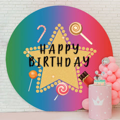 Aperturee - Gold Glitter Star Round Happy Birthday Backdrop