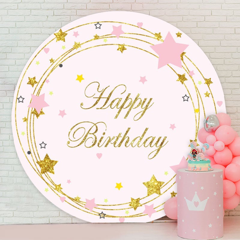 Aperturee - Gold Glitter Star Round Pink Happy Birthday Backdrop