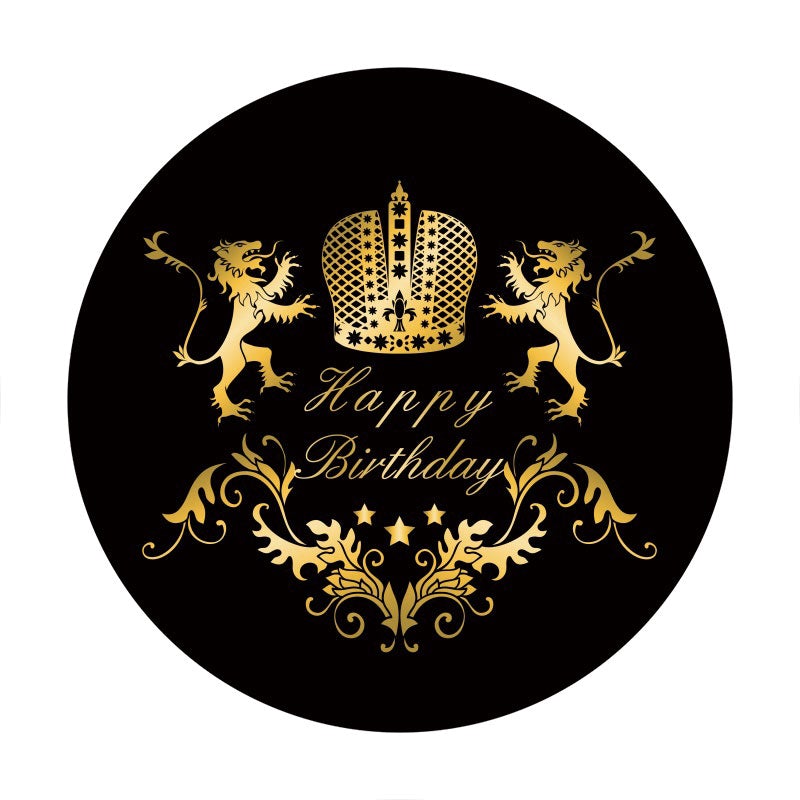 Aperturee - Gold Lion Round Black Happy Birthday Backdrop