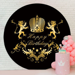 Aperturee - Gold Lion Round Black Happy Birthday Backdrop