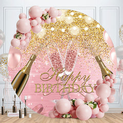 Aperturee - Gold Pink Glitter Happy Birthday Round Backdrop