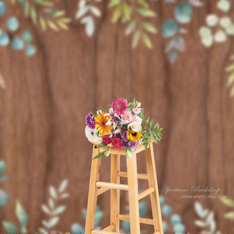 Aperturee - Green Leaves Brown Wooden Simple Spring Backdrop