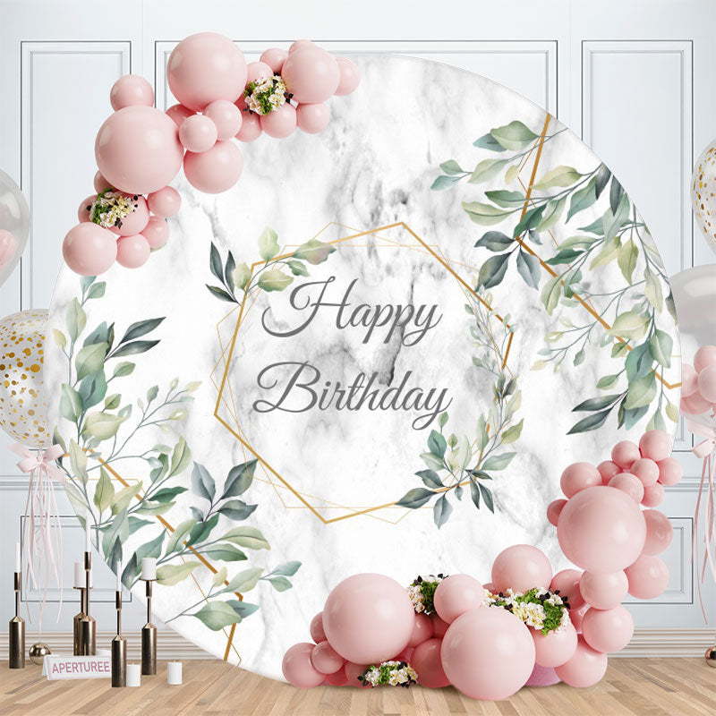 Aperturee - Green Leaves Round Grey Happy Birthday Party Backdrop