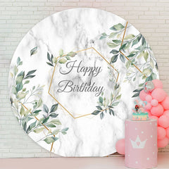 Aperturee - Green Leaves Round Grey Happy Birthday Party Backdrop