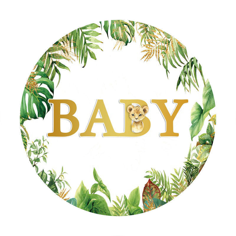 Aperturee - Green Leaves Round Leopard Baby Shower Backdrop