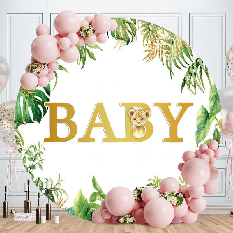 Aperturee - Green Leaves Round Leopard Baby Shower Backdrop