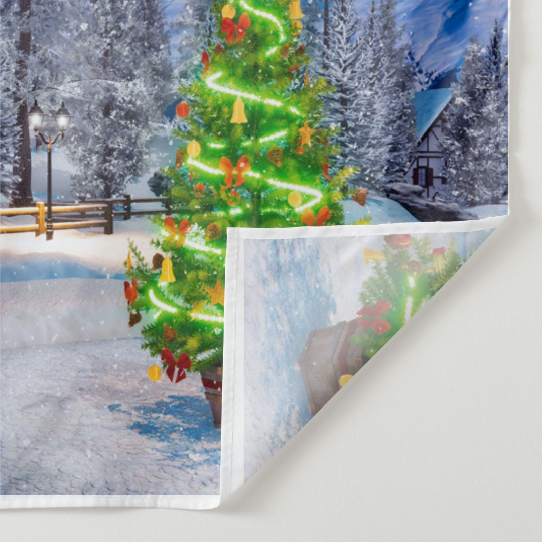 Aperturee - Green Light Tree Snowy House Christmas Backdrop