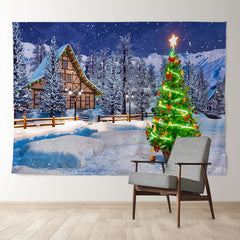 Aperturee - Green Light Tree Snowy House Christmas Backdrop
