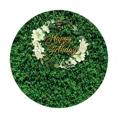 Aperturee - Greeny Leaves Round Happy Birthday Backdrop