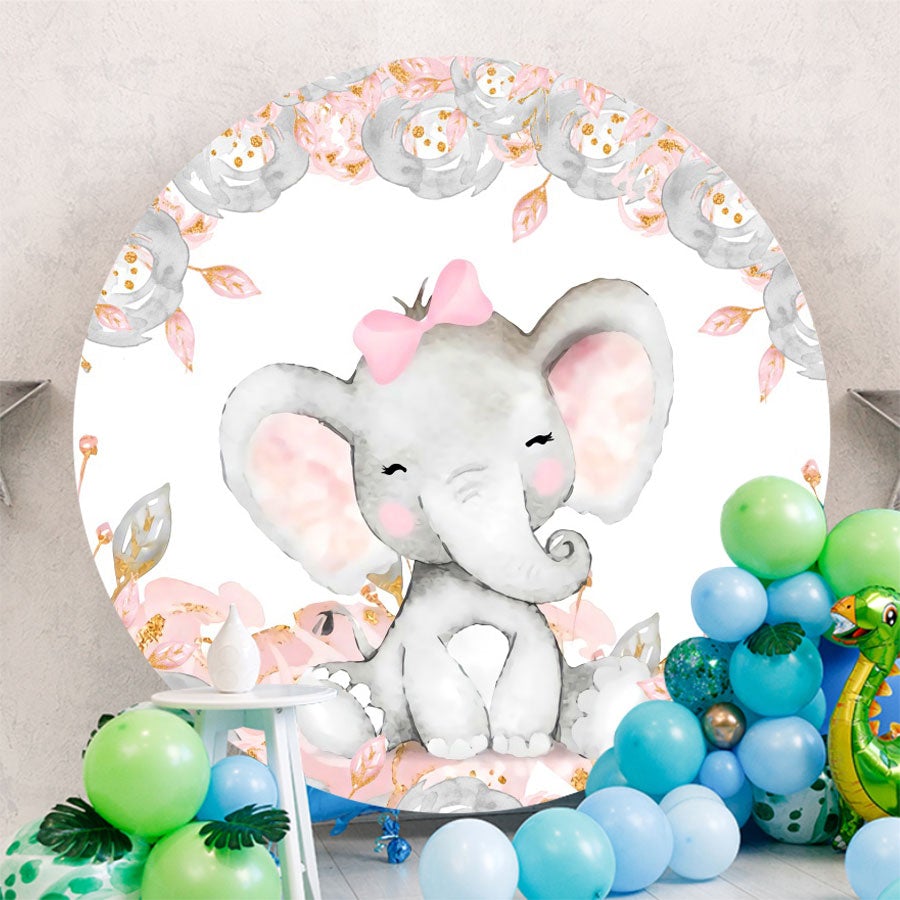 Aperturee - Grey Elephant Round Pink Baby Shower Backdrop