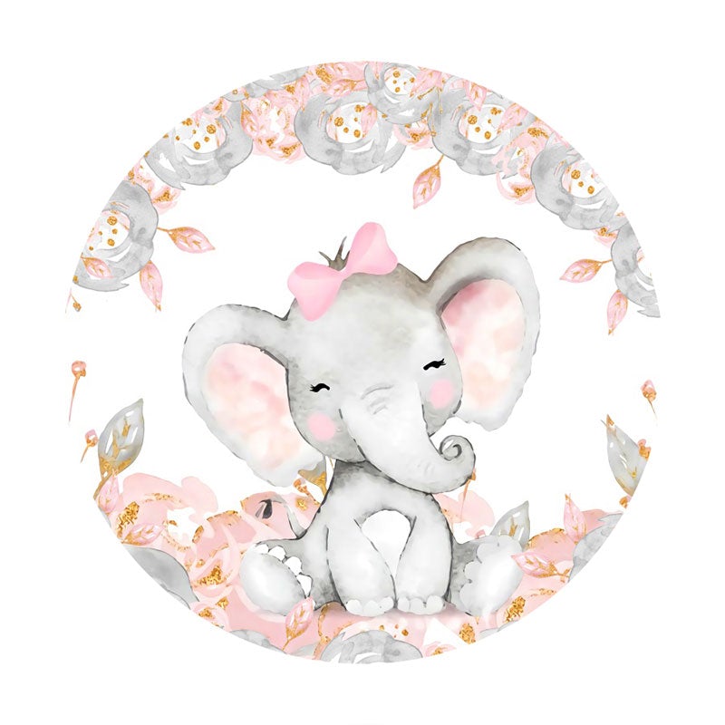 Aperturee - Grey Elephant Round Pink Baby Shower Backdrop