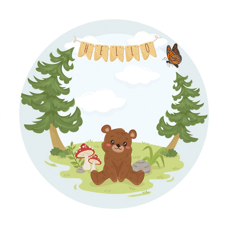 Aperturee - Hello Forest Bear Round Baby Shower Backdrop