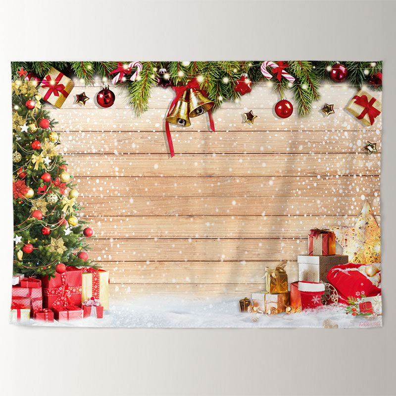 Aperturee - Jingle Bells Wooden Snowy Merry Christmas Backdrop