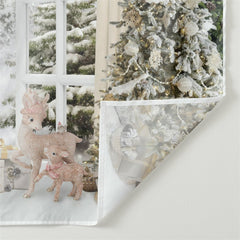 Aperturee - Khaki Curtain Window Snowy Tree Winter Backdrop
